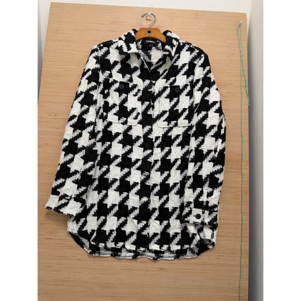 Express Womens Black White Houndstooth Shacket Oversized Boucle Shirt Jacket M